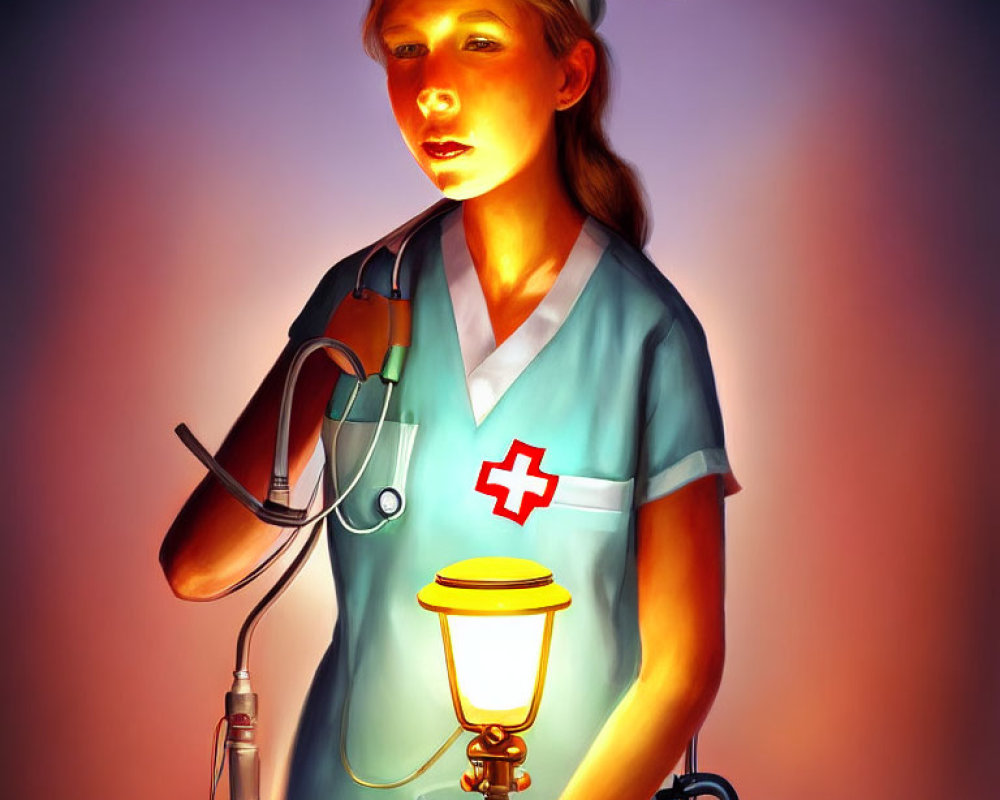 Illustration of nurse with glowing lantern & stethoscope in traditional uniform