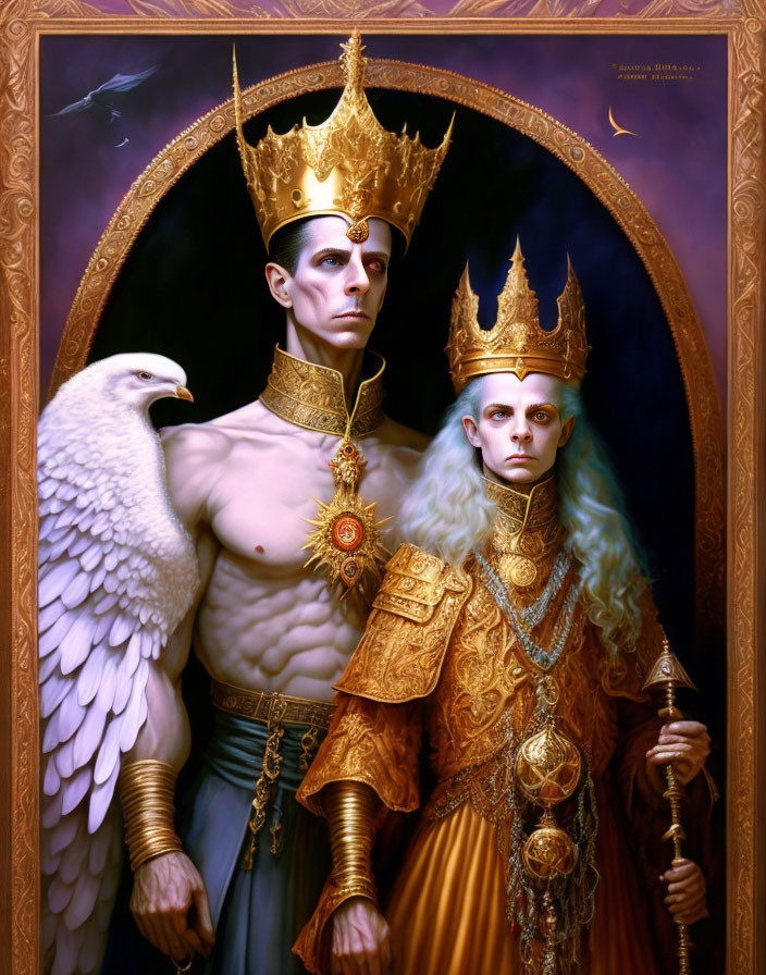 Regal figures in golden crowns and robes with scepter and bird in majestic style