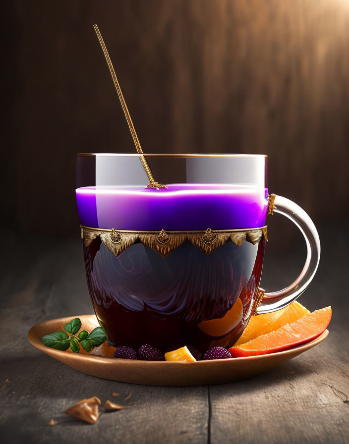 Translucent cup of tea with golden rim and spoon on wooden table with citrus slices and berries