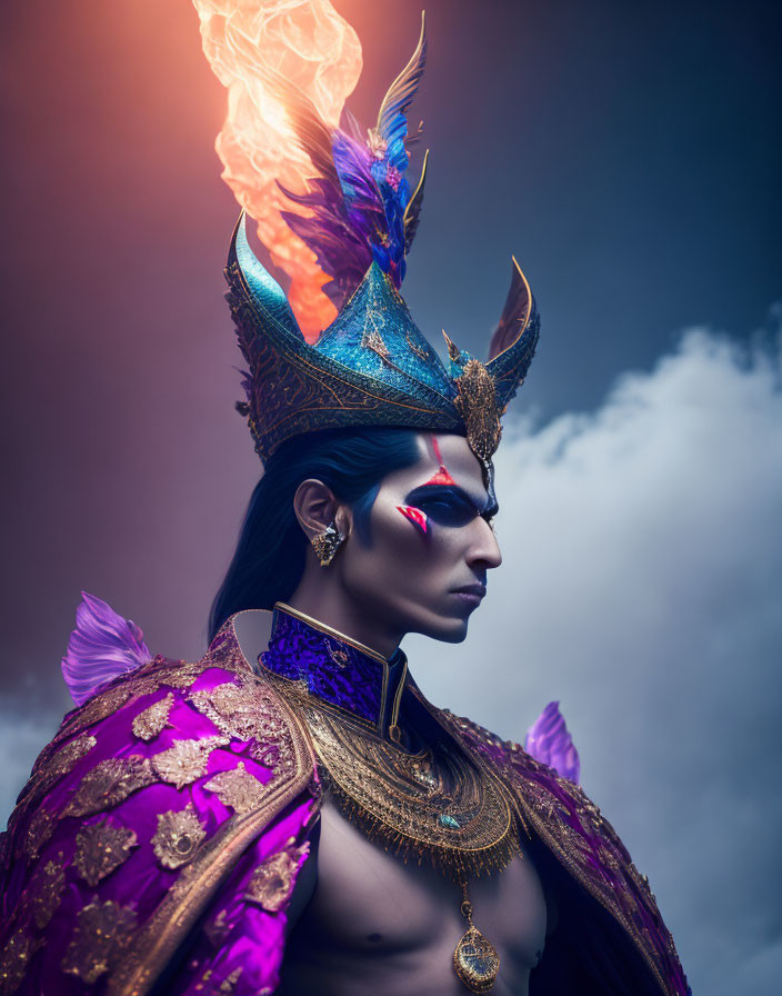 Blue-skinned regal figure in ornate purple and gold attire with flame crown against cloudy sky
