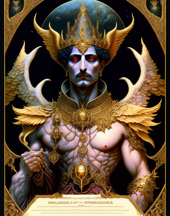 Fantastical character with ornate golden headgear and dramatic makeup