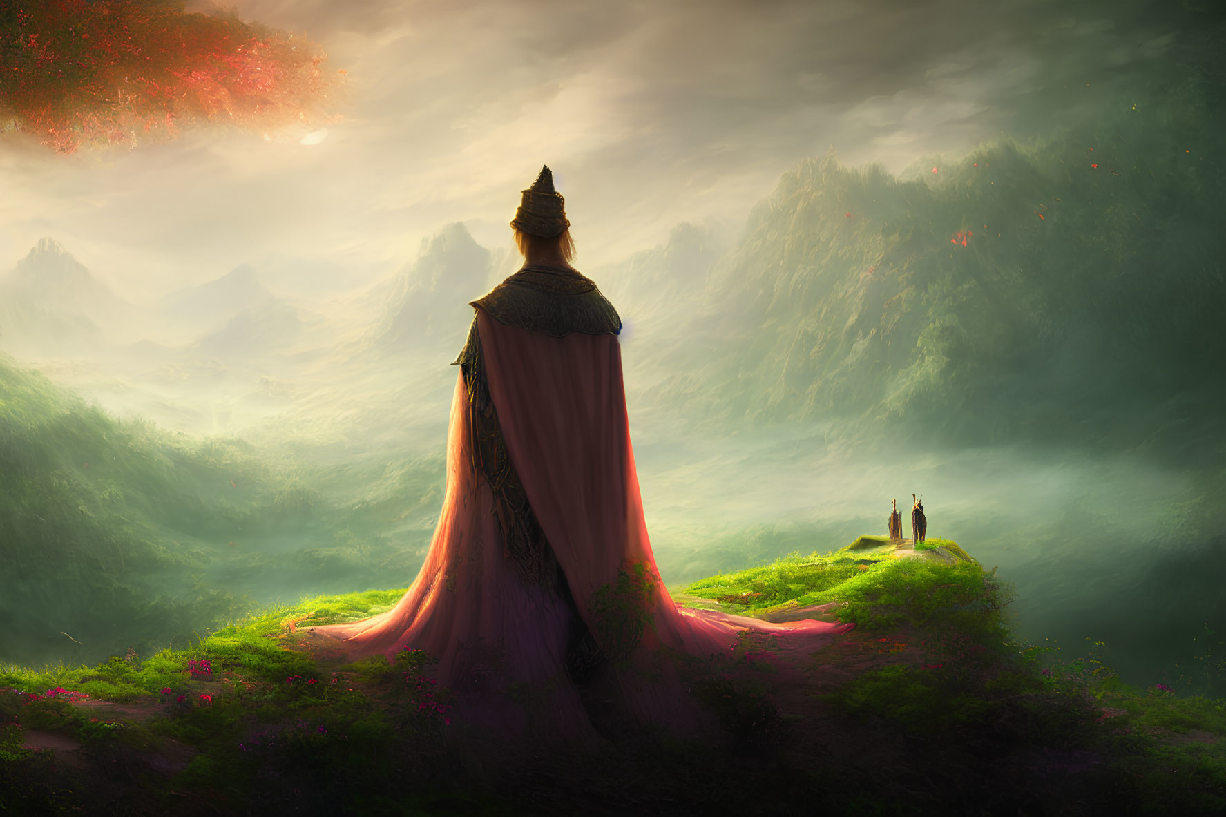 Cloaked figure on hilltop gazes at misty mountain landscape