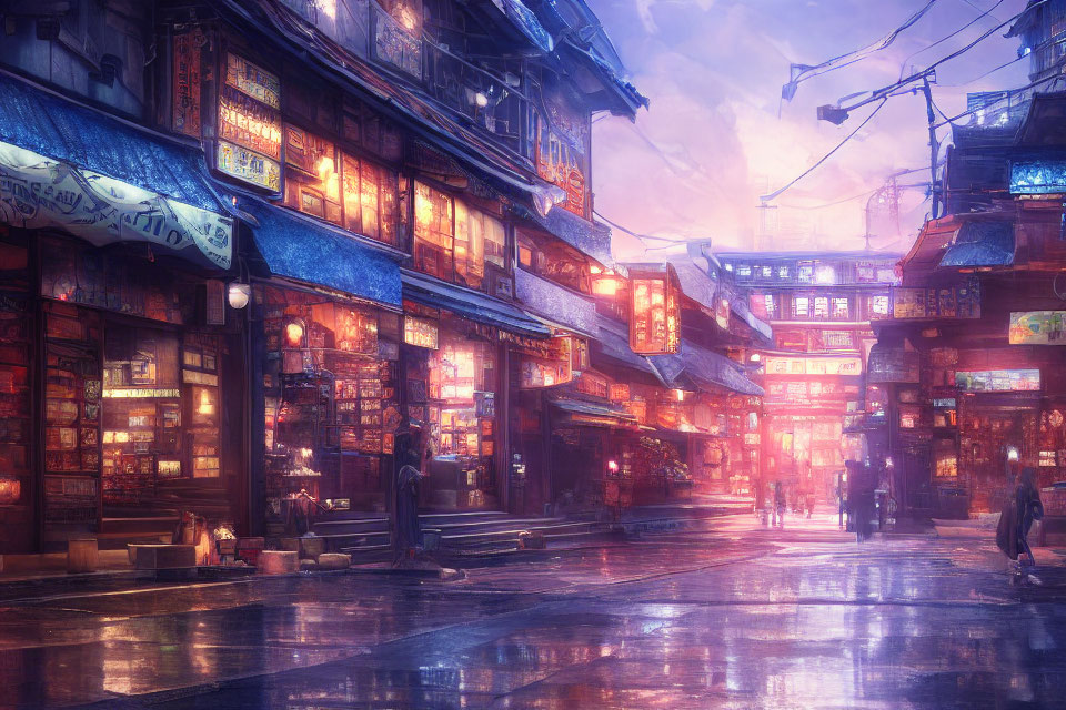 Vibrant Dusk Street Scene with Illuminated Signs and Traditional Architecture