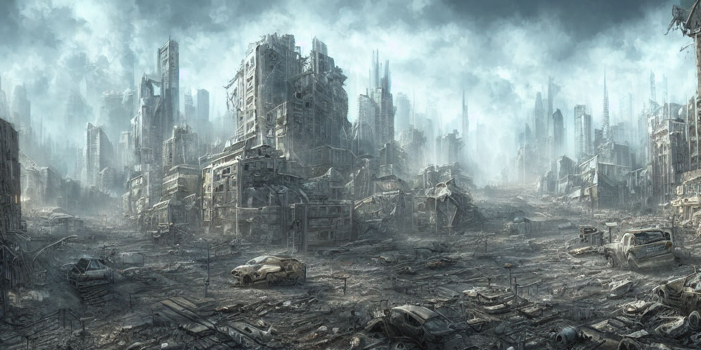 Desolate post-apocalyptic cityscape with crumbling buildings