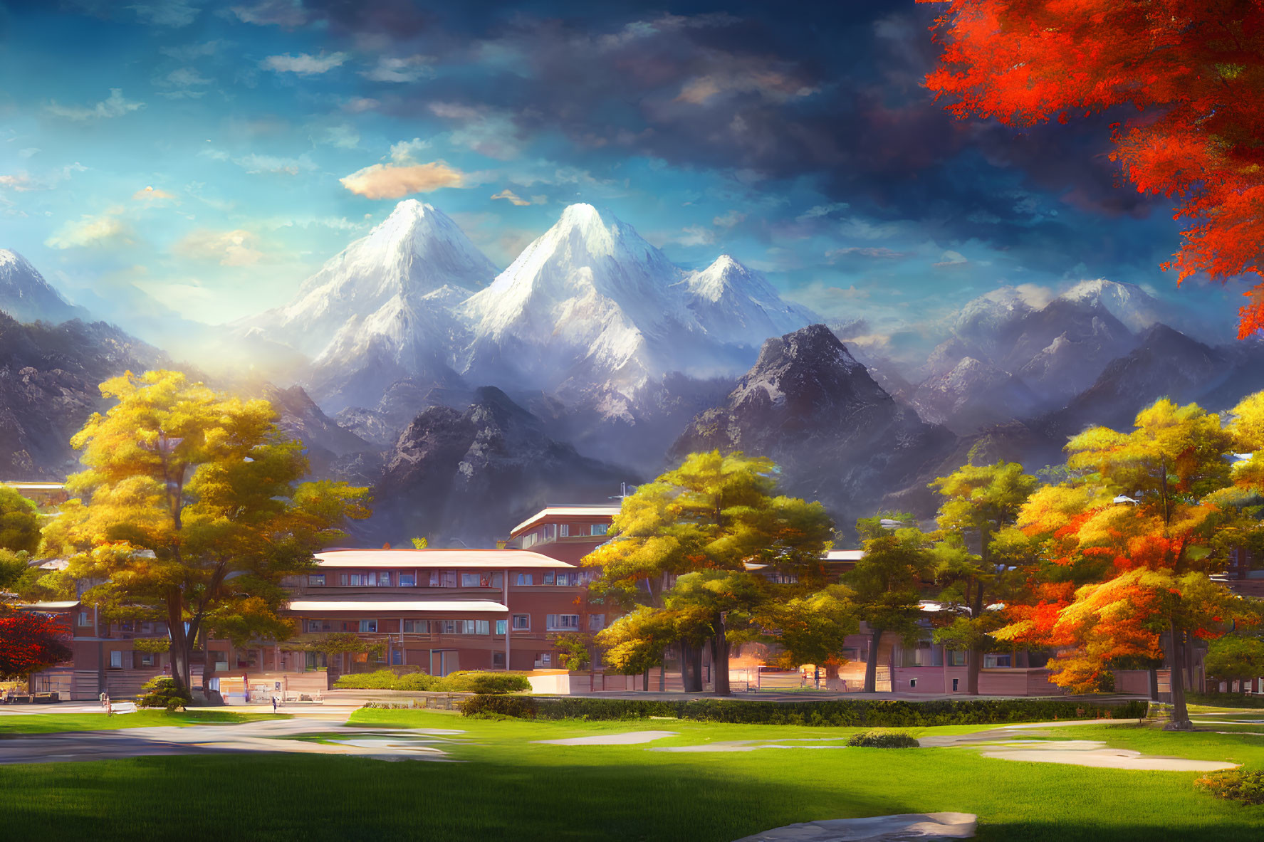Scenic campus with autumn trees, students, and snow-capped mountains