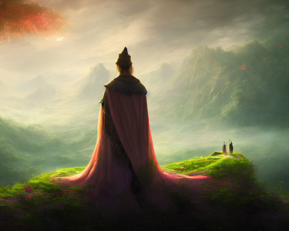 Cloaked figure on hilltop gazes at misty mountain landscape