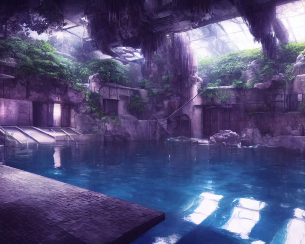 Ancient stone structures and lush foliage surround mystical underground pool