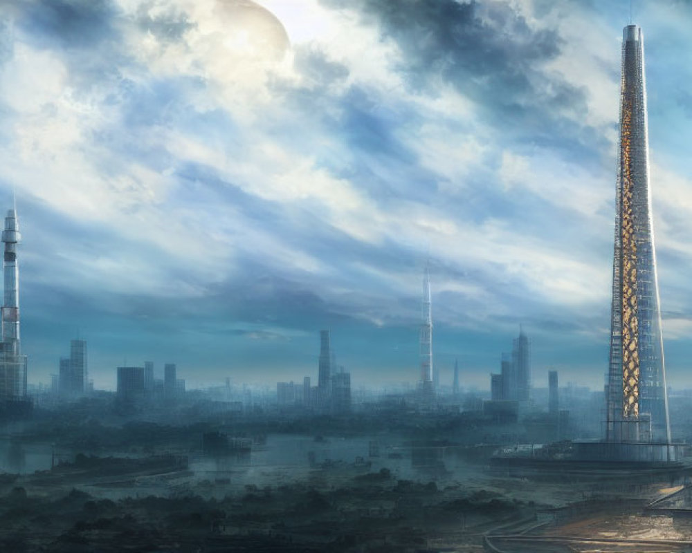 Futuristic cityscape with towering skyscrapers and dramatic cloudy sky