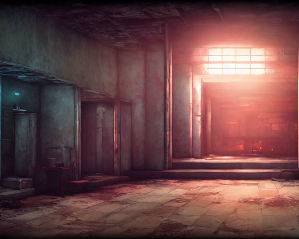 Desolate interior of abandoned building with reddish glow and dilapidated walls