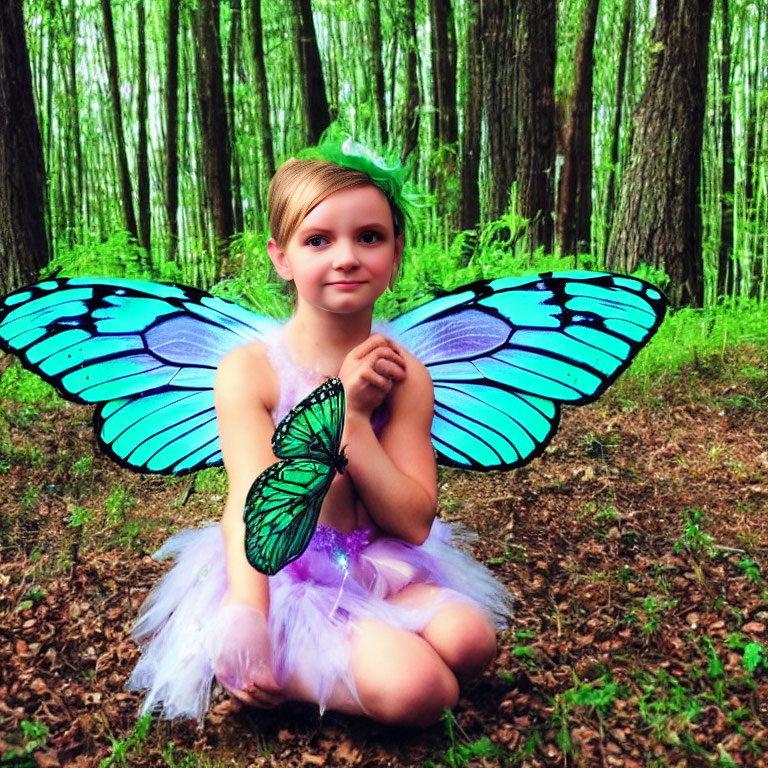 Child in fairy costume with blue wings in forest setting wearing tutu and leaf headband.
