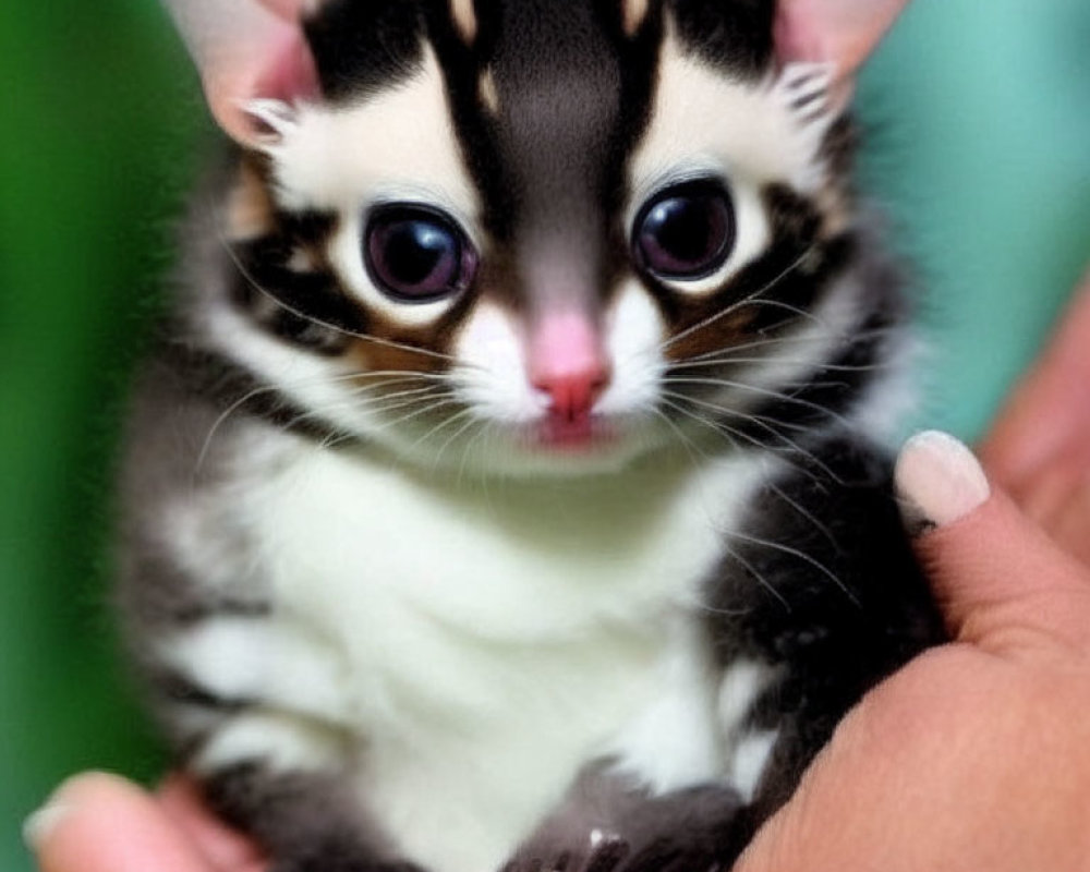 Adorable sugar glider with large eyes and black/white fur in hands against green backdrop