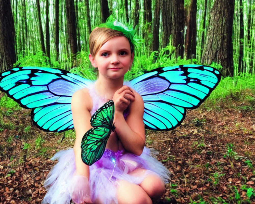 Child in fairy costume with blue wings in forest setting wearing tutu and leaf headband.