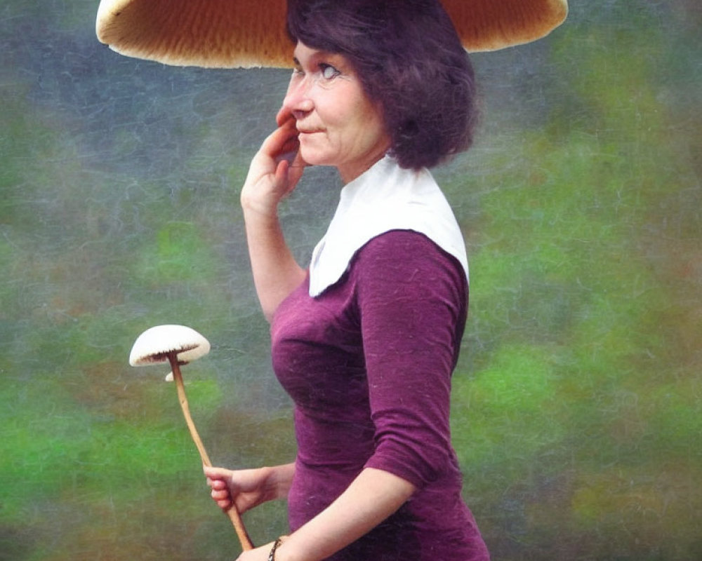Whimsical woman with mushroom hat and background.