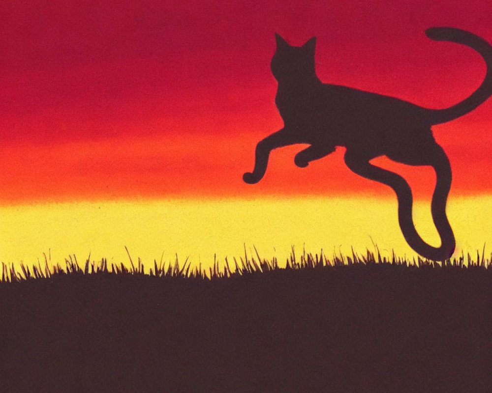 Cat silhouette leaping in vibrant sunset sky