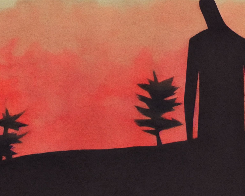 Silhouetted figure and trees in red-orange watercolor sunset.