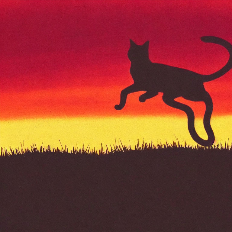 Cat silhouette leaping in vibrant sunset sky