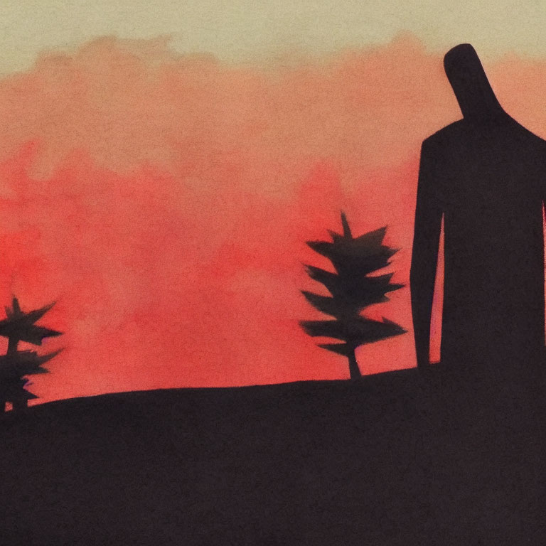 Silhouetted figure and trees in red-orange watercolor sunset.