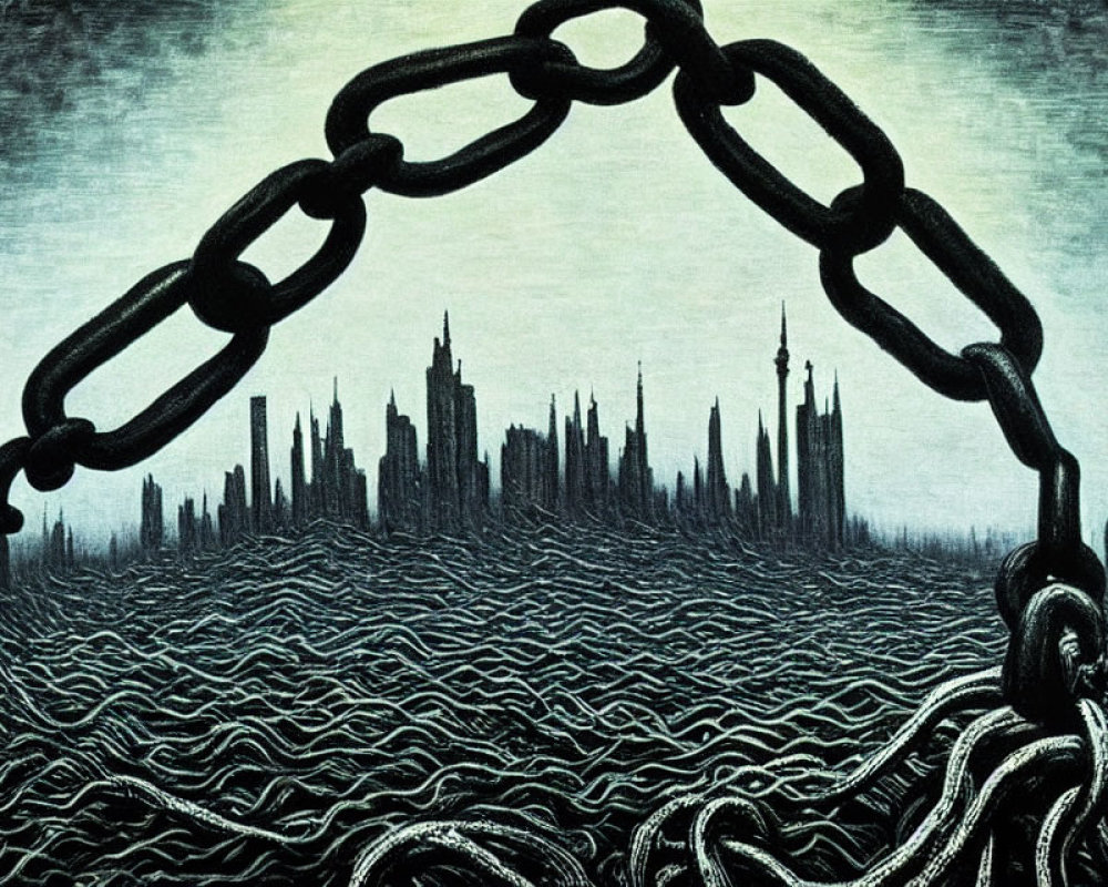 Cityscape illustration within chain link over wavy lines.