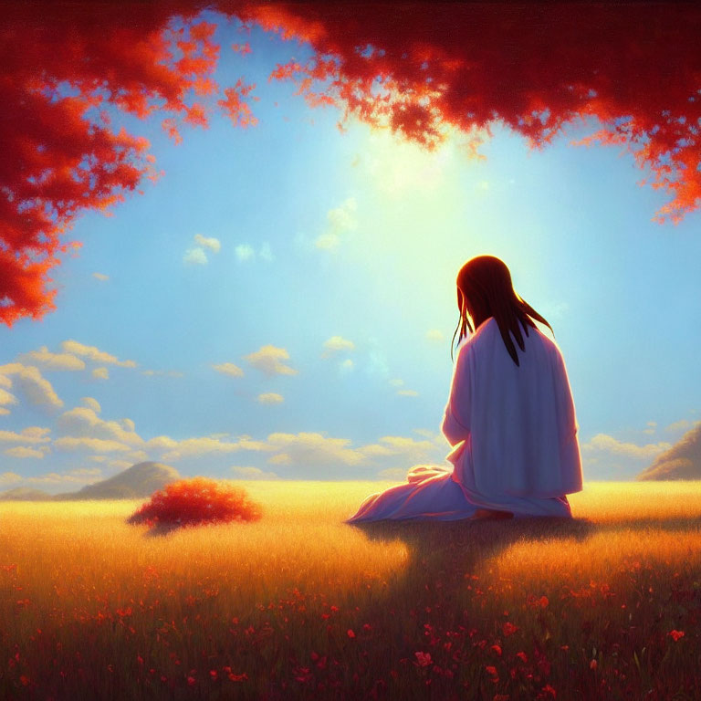 Person in white seated in field at sunset with red clouds and flowers