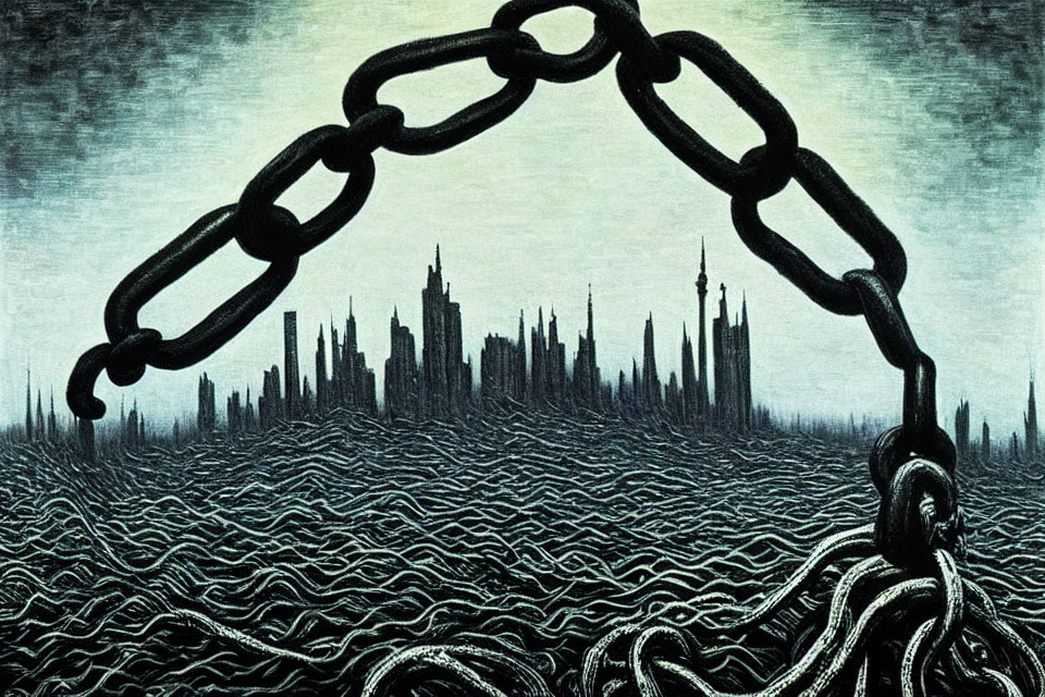 Cityscape illustration within chain link over wavy lines.