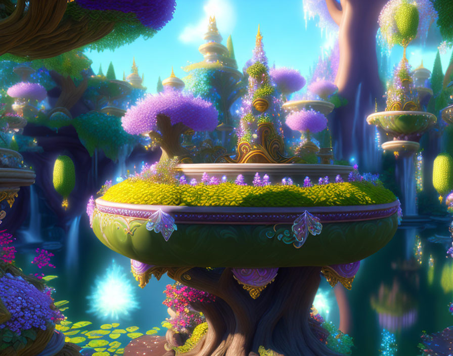 Enchanted forest with whimsical trees and floating islands