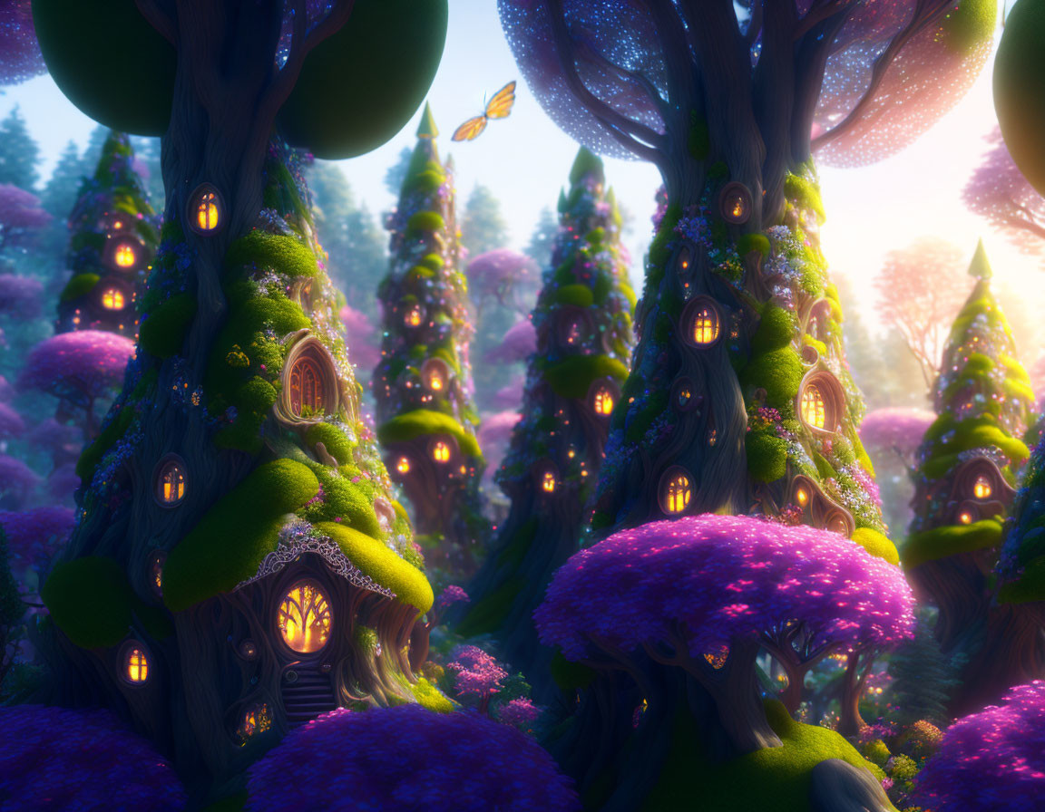 Enchanted Forest with Whimsical Treehouses and Glowing Windows
