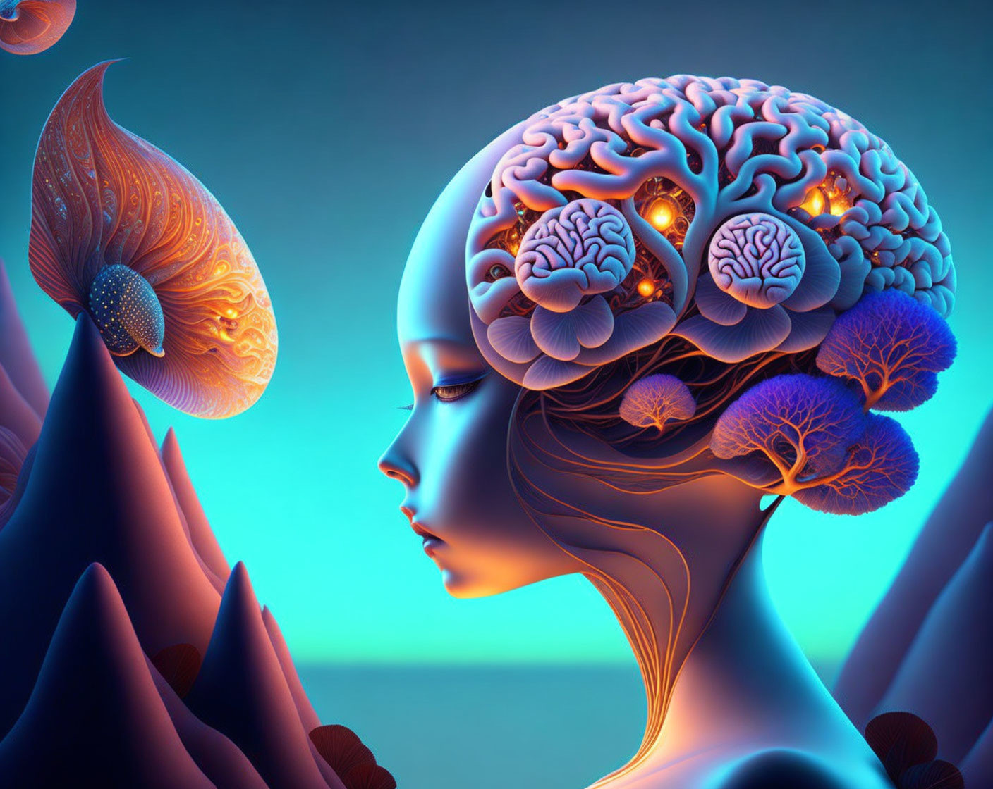 Surreal illustration of woman with exposed brain, glowing elements, flowers, fish, and mountains