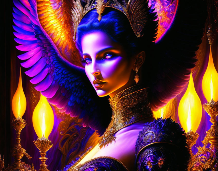Blue-skinned woman in regal attire engulfed in golden flames and feathered headdress