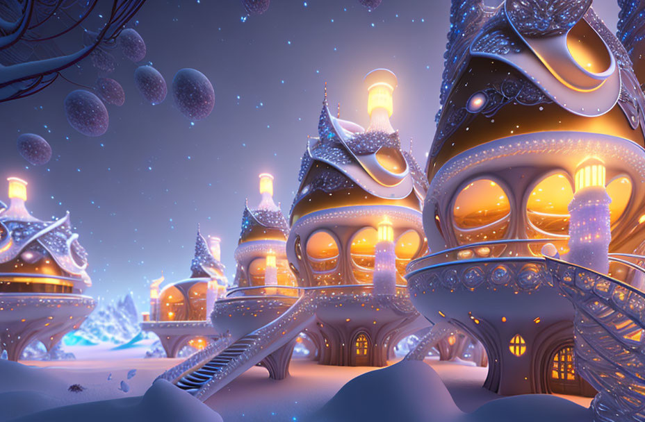 Snow-covered ornate buildings in whimsical winter night scene