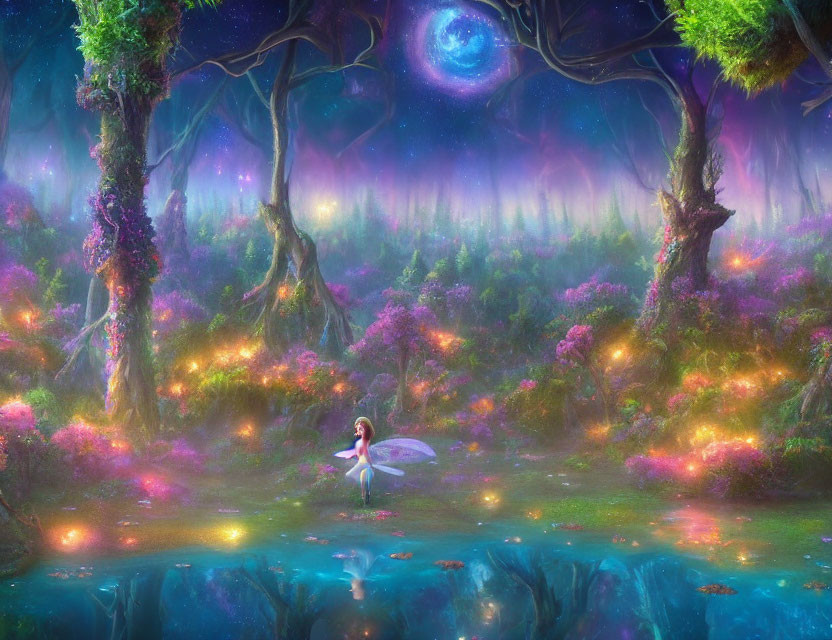 Delicate winged fairy in enchanting forest with glowing flowers and purple sky