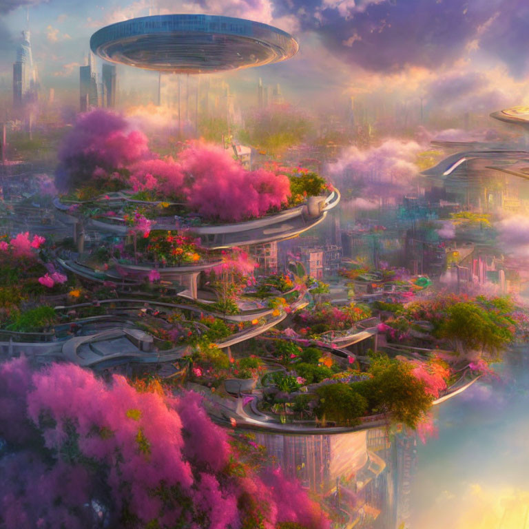 Futuristic cityscape with pink trees and spiraling roads