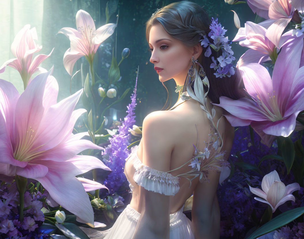 Woman adorned with flowers among blooming lilies in mystical garden.