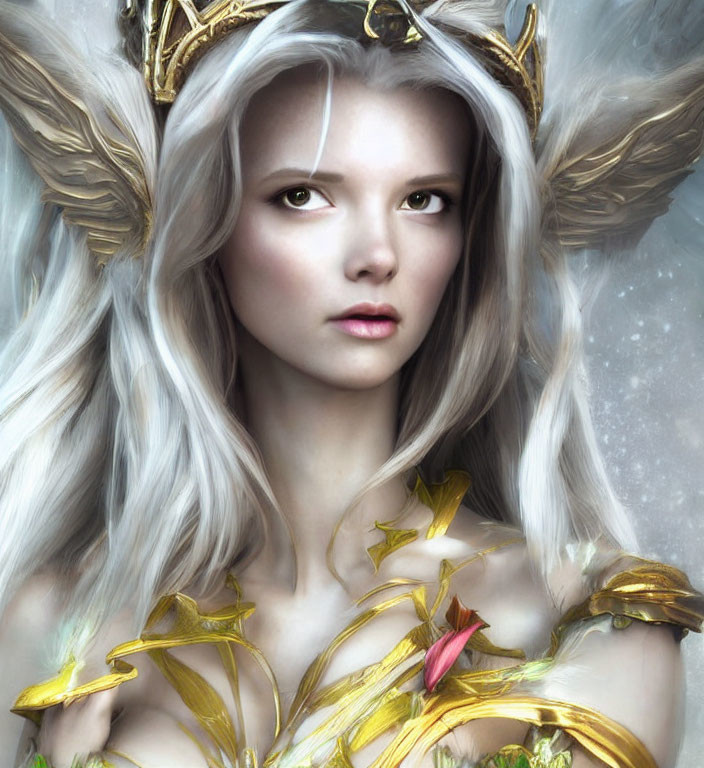 Fantasy character portrait with white hair, golden crown, and ethereal gaze