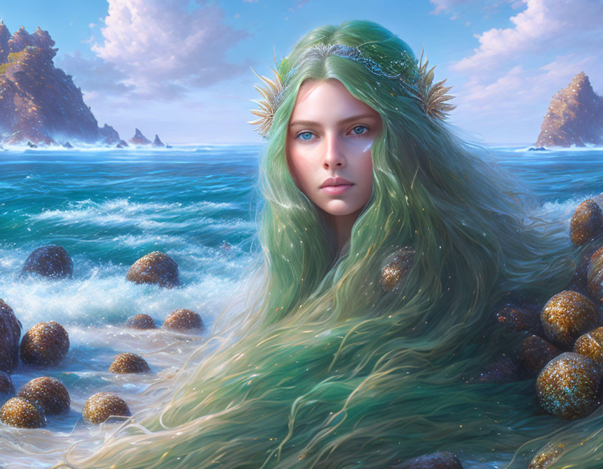 Fantastical artwork: Woman with green hair and crown in ocean landscape