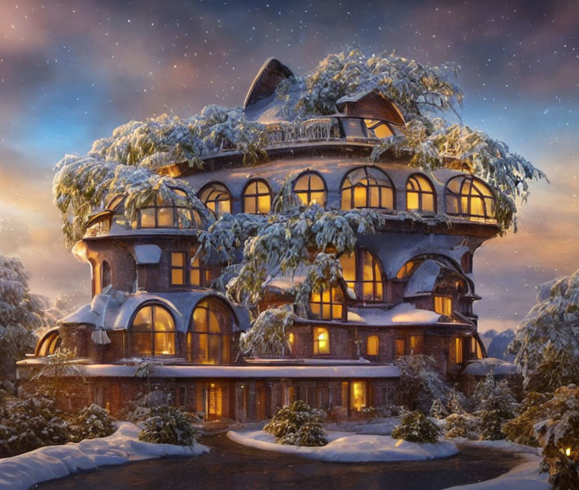 Whimsical multi-story snow-covered house in winter landscape