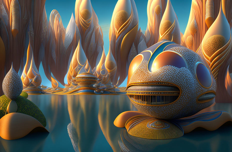 Surreal landscape with abstract structures and fish-like object in warm light