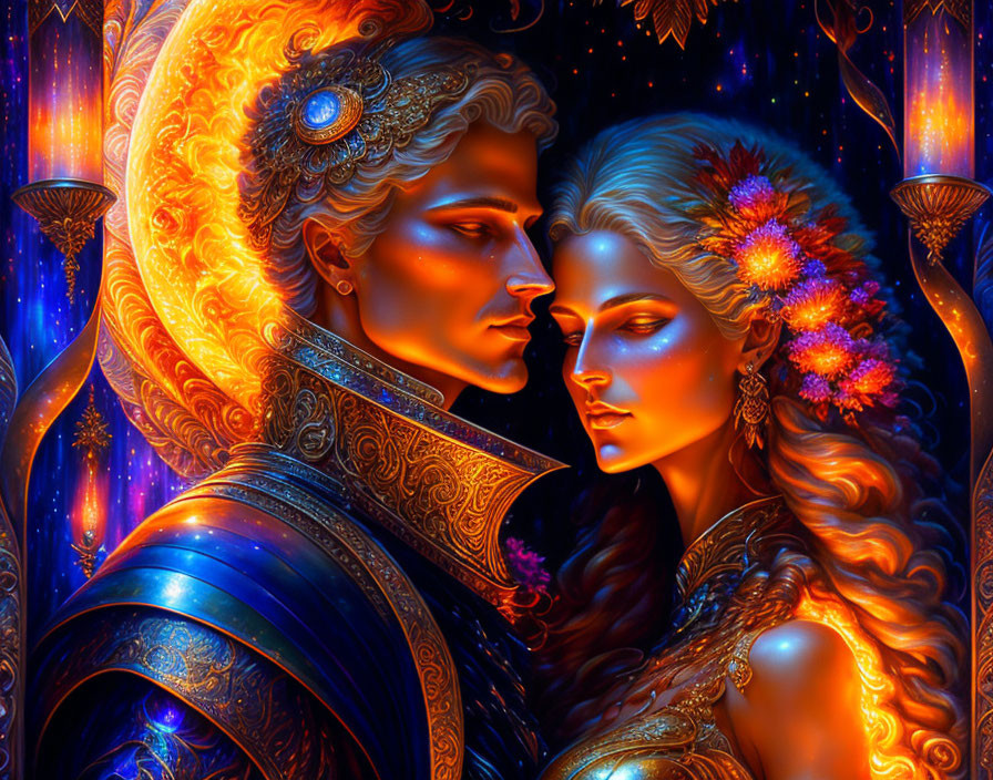 Digital artwork: Ethereal beings as sun and moon embrace in cosmic backdrop