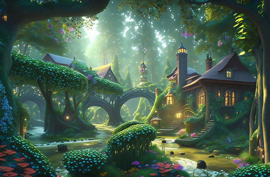 Magical forest with treehouses, bridges, river, and sunlight beams