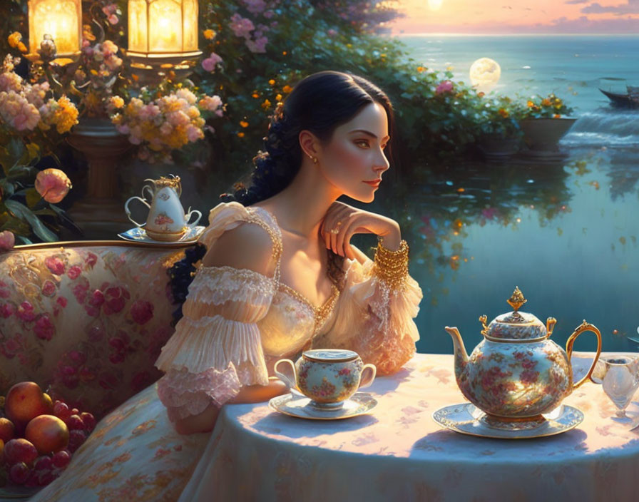 Woman sitting by ornate tea set with apples, twilight river, lanterns, and moonrise.