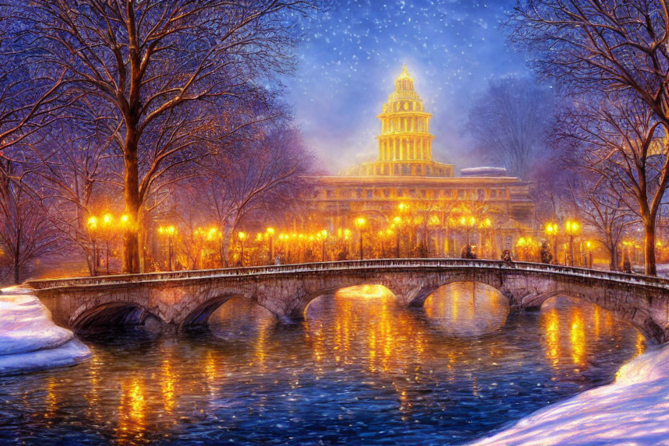 Snow-covered bridge and majestic building in picturesque winter scene