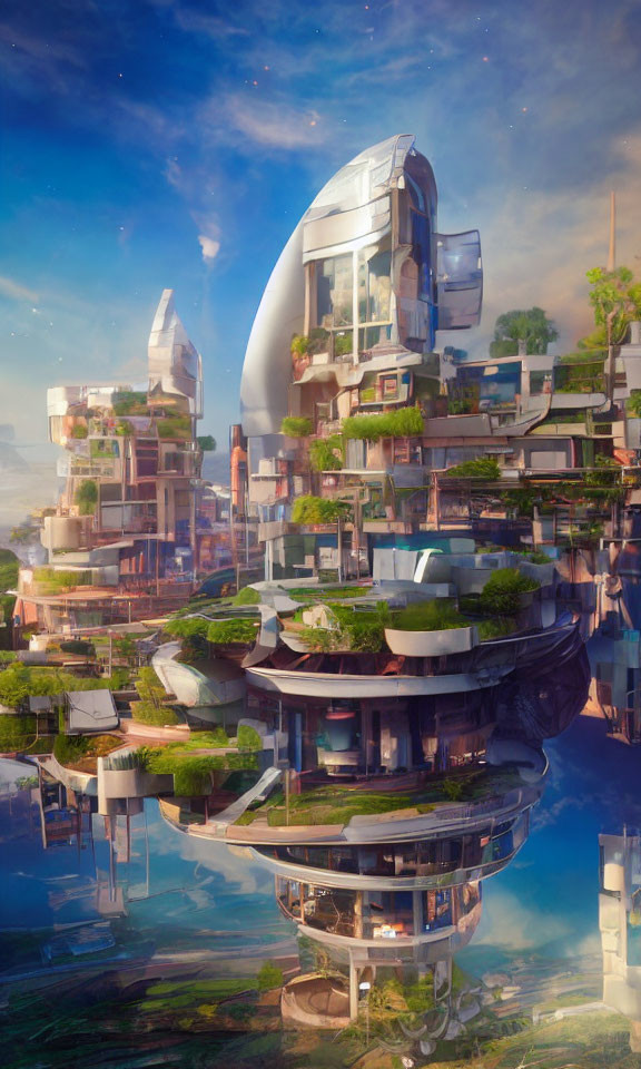 Futuristic cityscape with organic-shaped buildings and lush greenery reflected on water