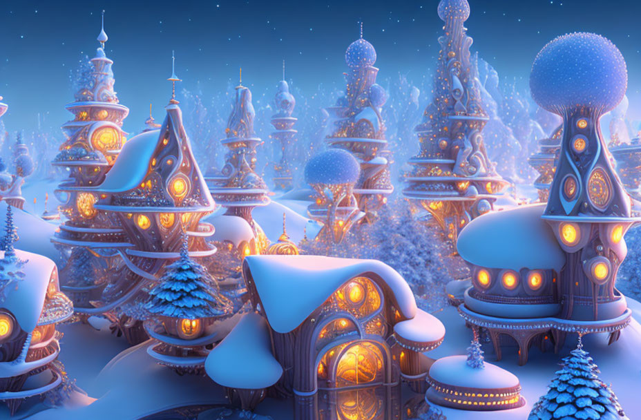 Snow-covered futuristic buildings in whimsical winter scene.