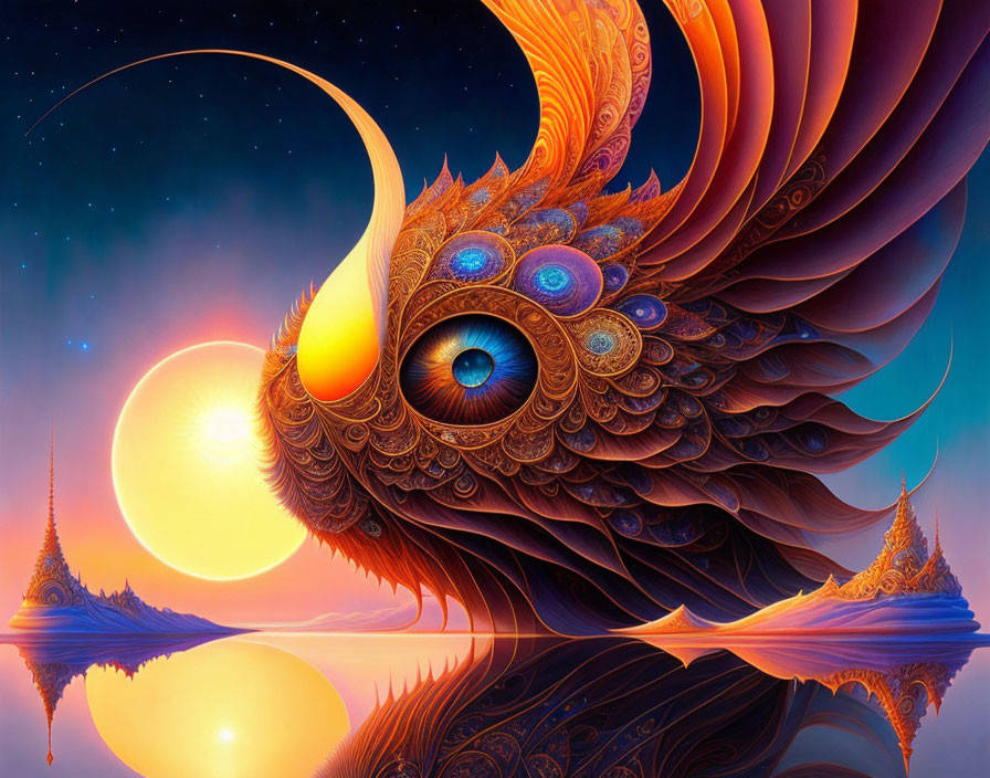 Fantasy illustration of ornate bird in surreal landscape