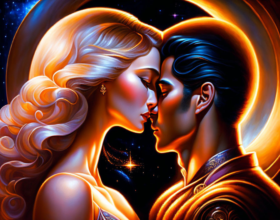 Celestial beings in cosmic embrace with heart shape.