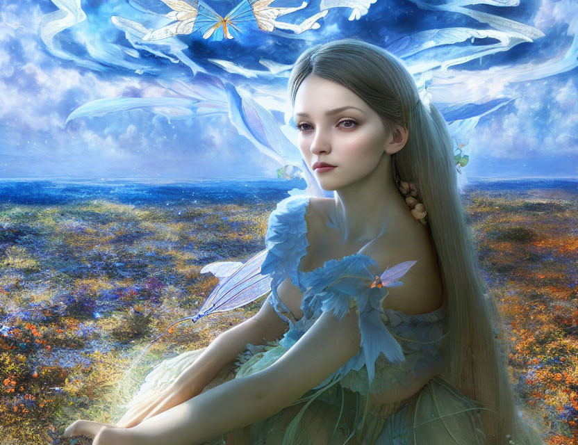 Female fairy with delicate wings in blue dress in flower field with whimsical creatures