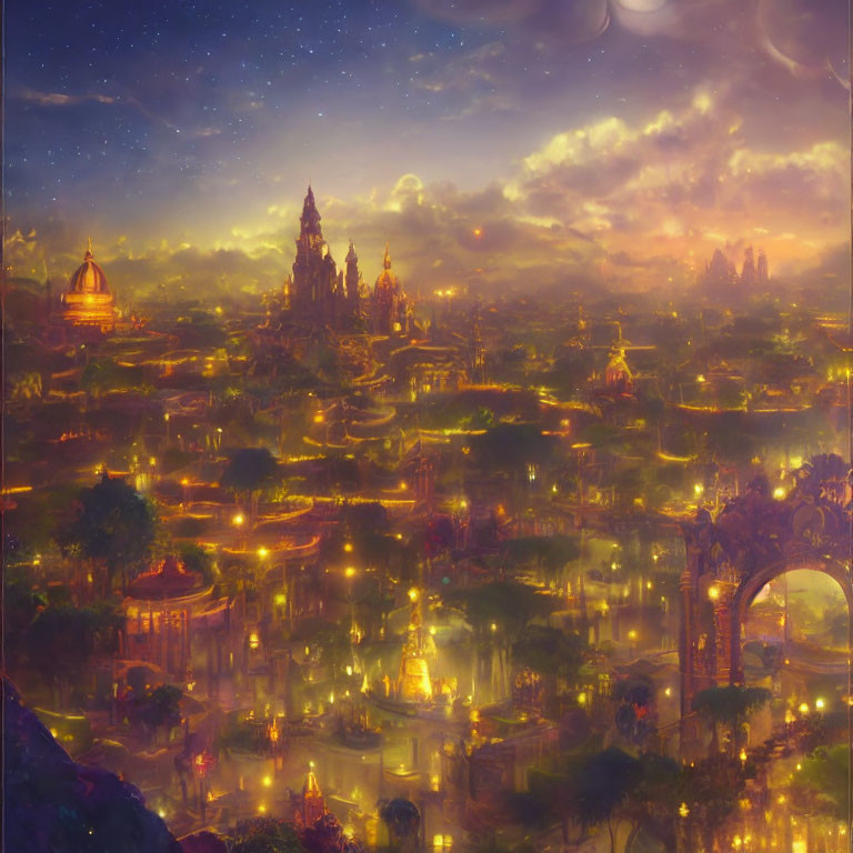 Twilight cityscape with ornate buildings and starry sky