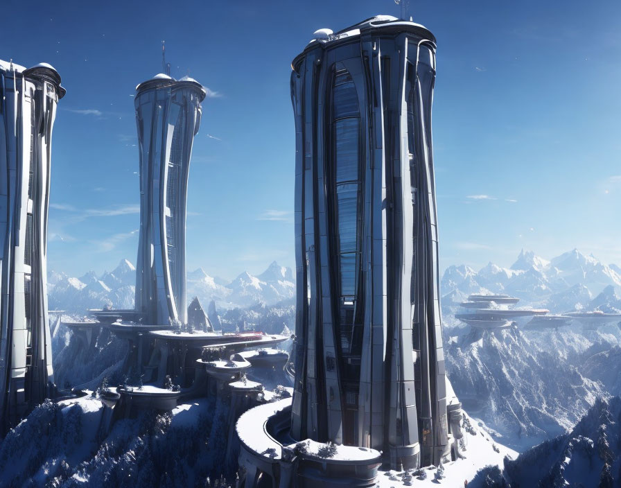 Futuristic towers in snowy mountains with flying vehicles