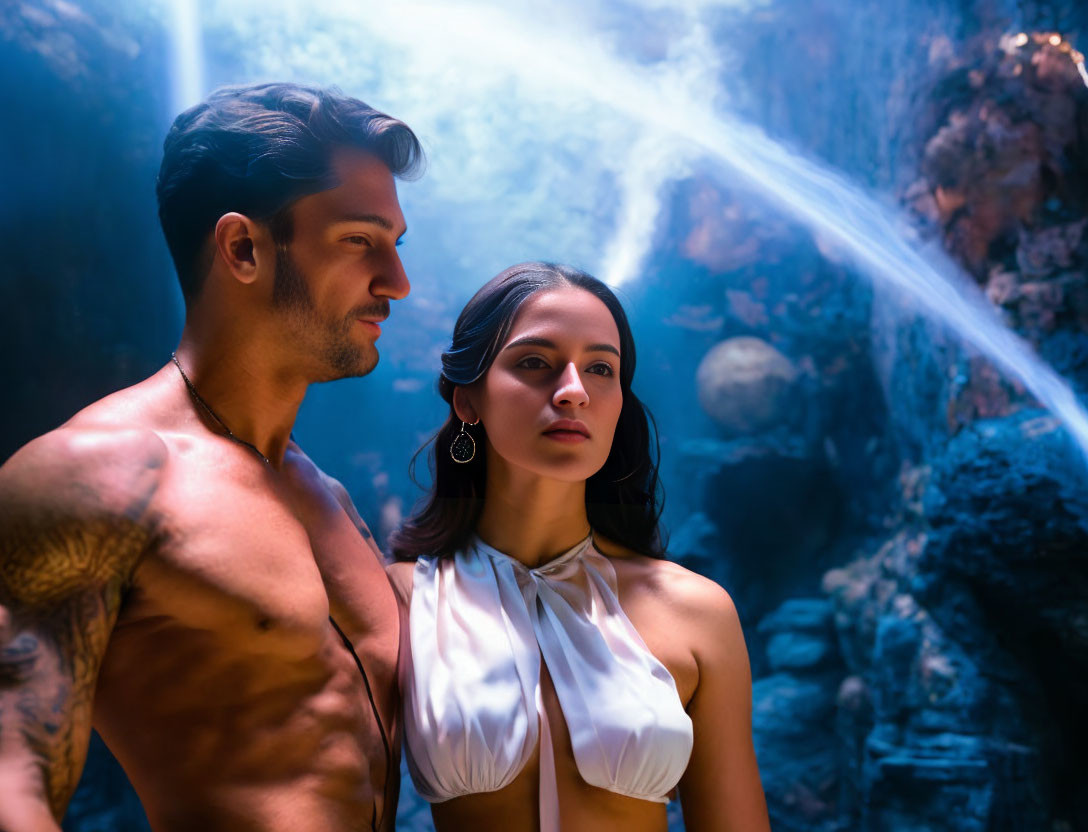 Man with tattoos and woman in white top in mystical blue-lit cavern