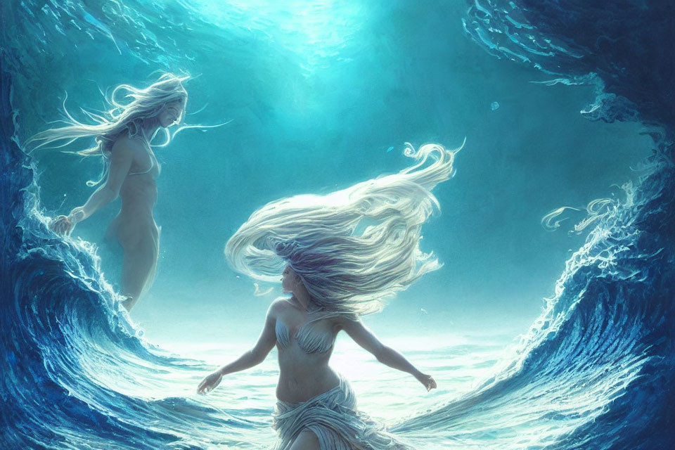 Ethereal figures with flowing hair swim in surreal underwater tunnel