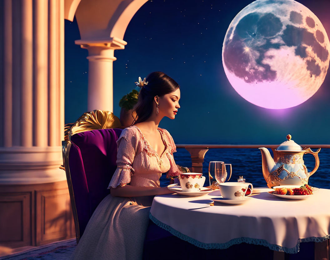 Woman in vintage dress enjoying tea under full moon
